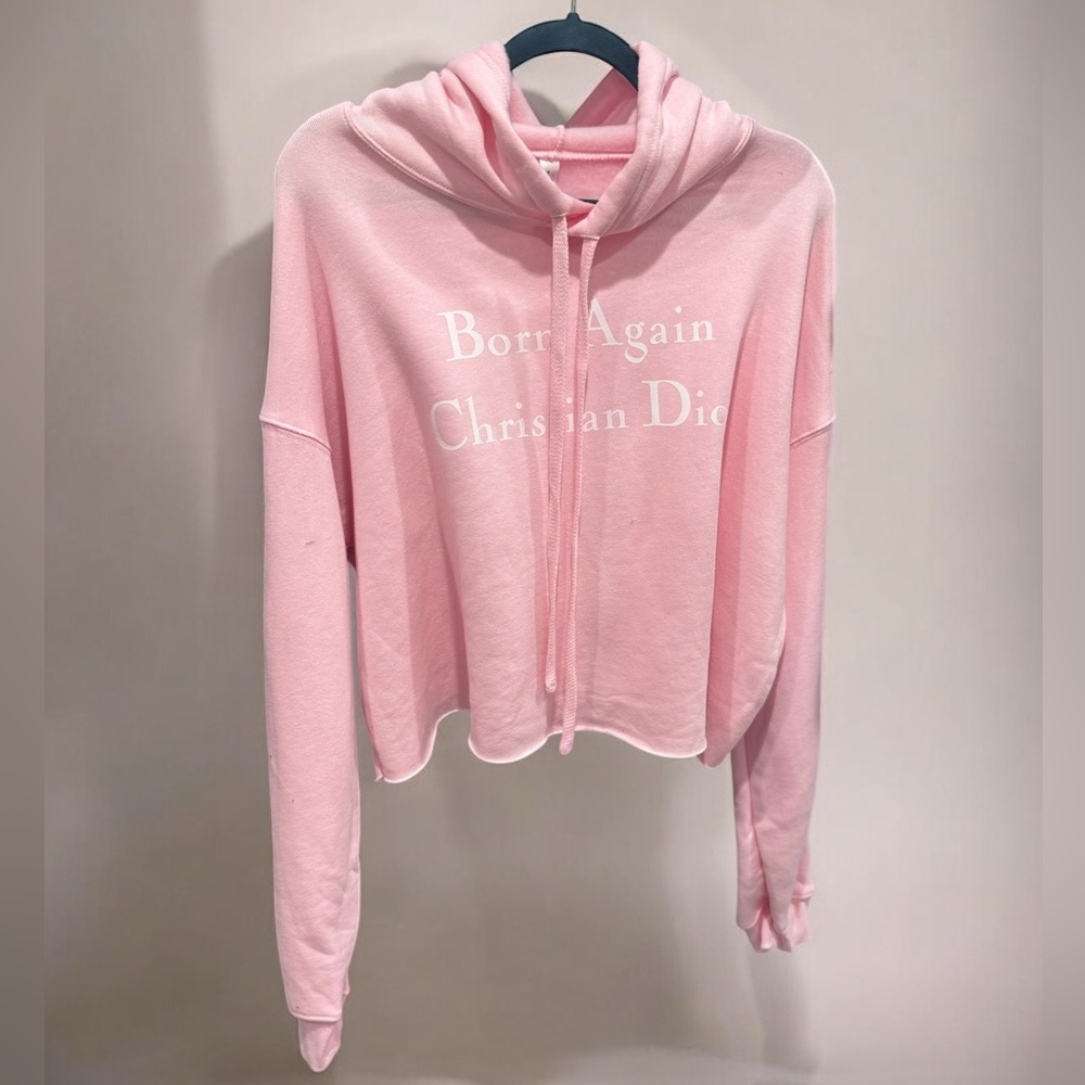 “Born Again Christian Dior” Pink Cropped Hoodie M NWOT